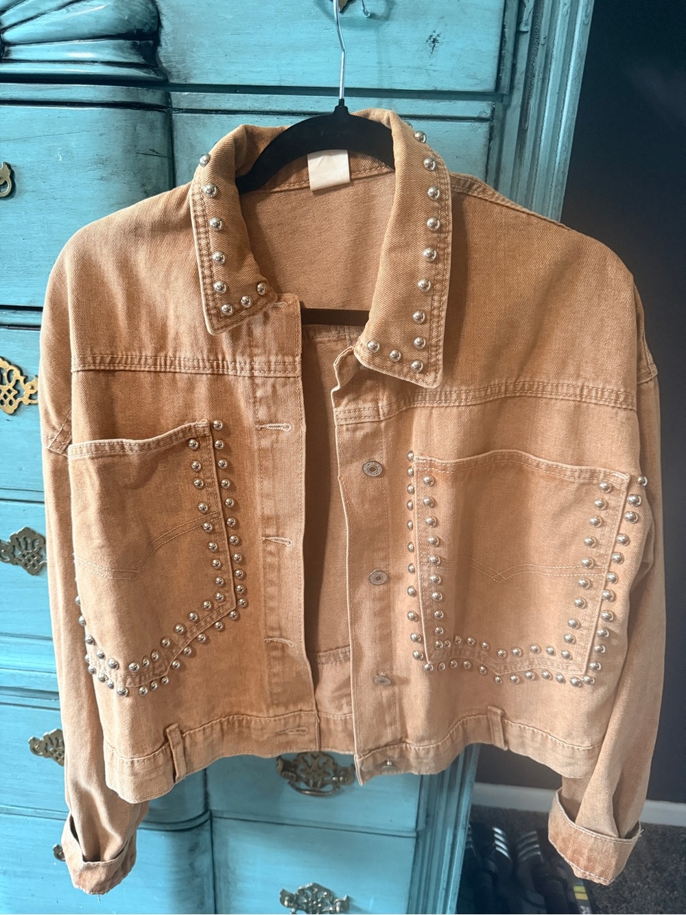 Studded Cropped Denim Jacket - Tan